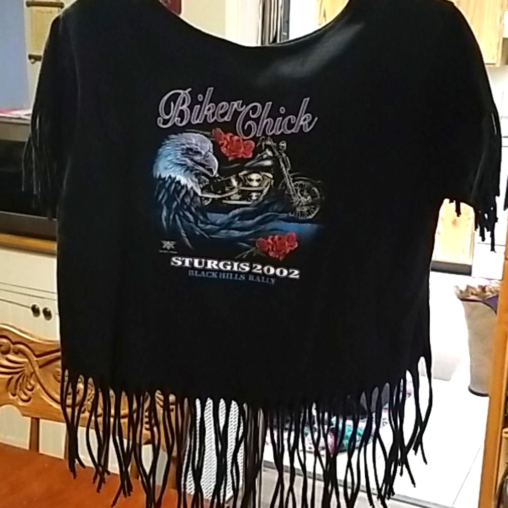 Classic Sturgis Women's Biker Cropped black w/fringe Tshirt